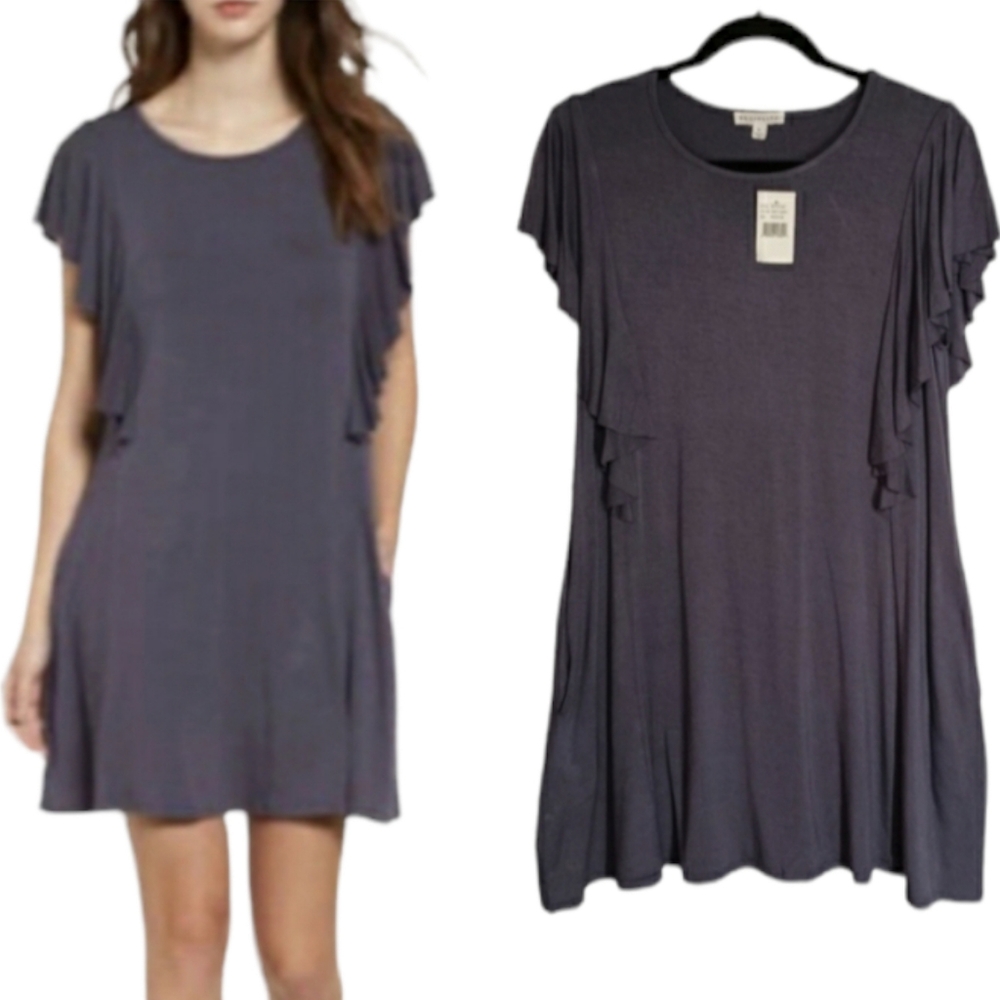 SOCIALITE Dark Gray Short Sleeve Ruffle Detail Swing A Line Dress Medium NWT